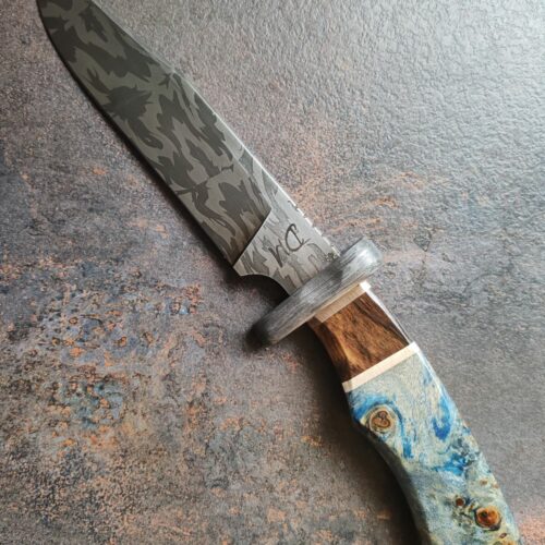 Couteau Bowie Ziricote damas, artisanal, bouleau stabilisé