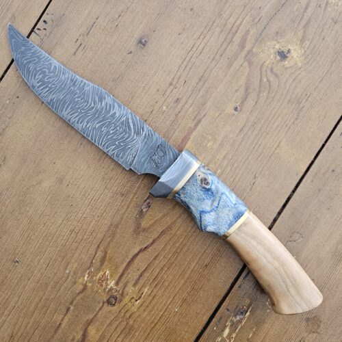Couteau Bowie Olivier damas, artisanal, bouleau stabilisé